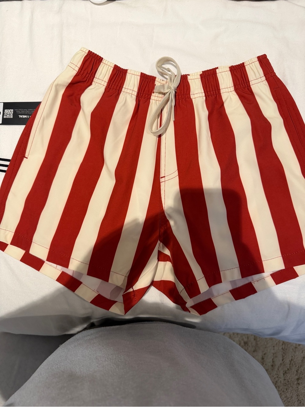 Men's Red and Cream Striped Swim Trunks
